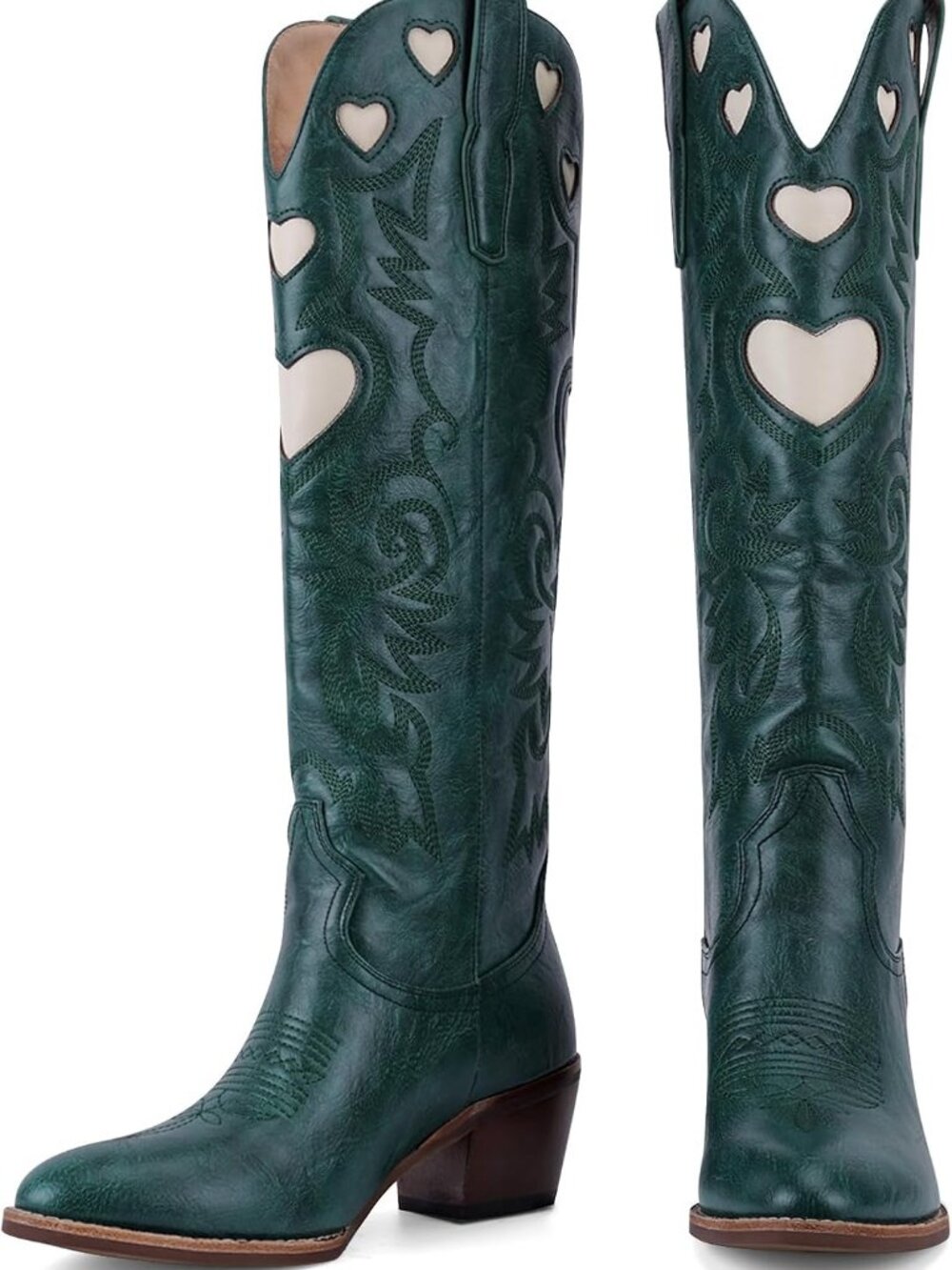 Knee High Boots for Women Heart Embroidered Western Boots Round Toe
